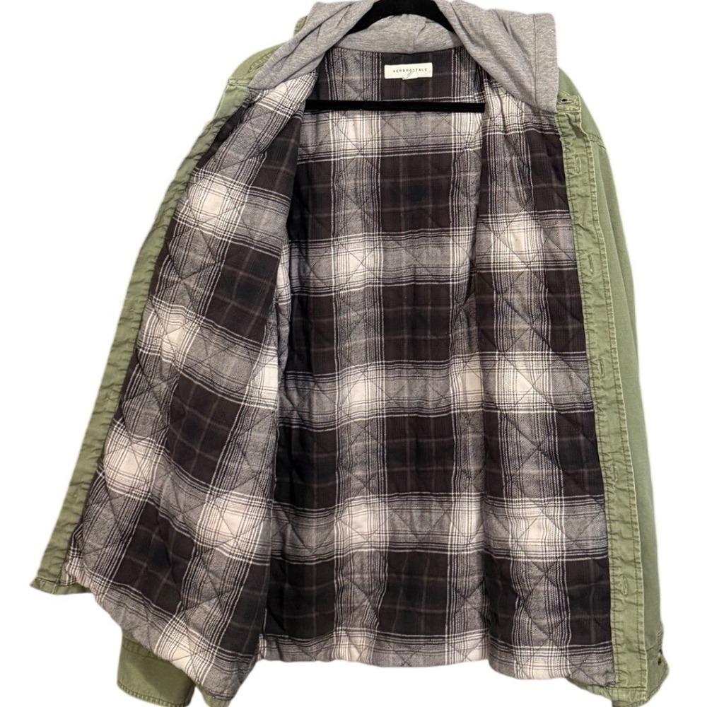 Aeropostale Men's Hooded Shacket Jacket Olive Flannel Lined Quilted Size 2X - Picture 4 of 8